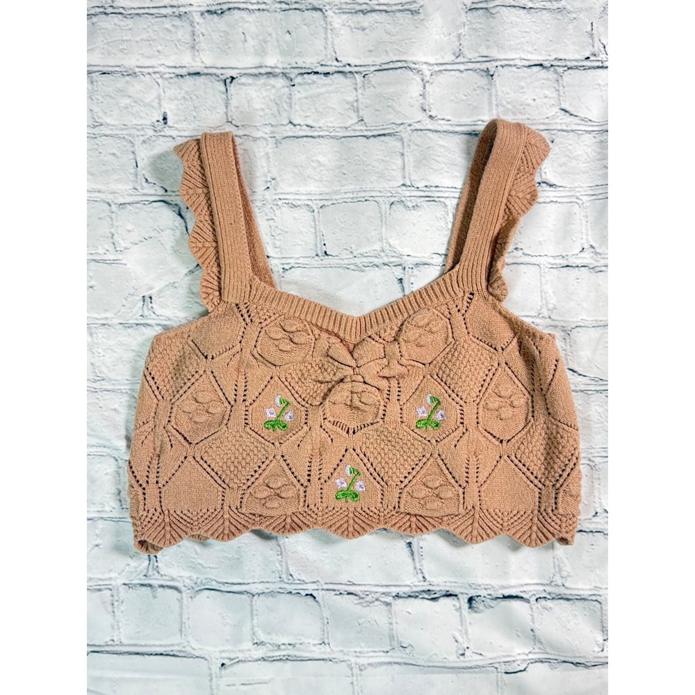 Hazel Moon Knit Crop Top Large Cottagecore Boho Ruffle Floral Pointelle Sweater